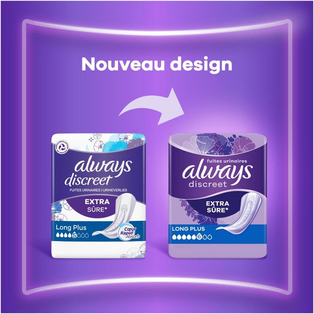 Always Discreet, 64 Serviettes Hygiéniques Incontinence Femme, Long plus 5 Gouttes, Protection Absorbante pour Fuites Urinaires Importantes, Pack 1 Mois