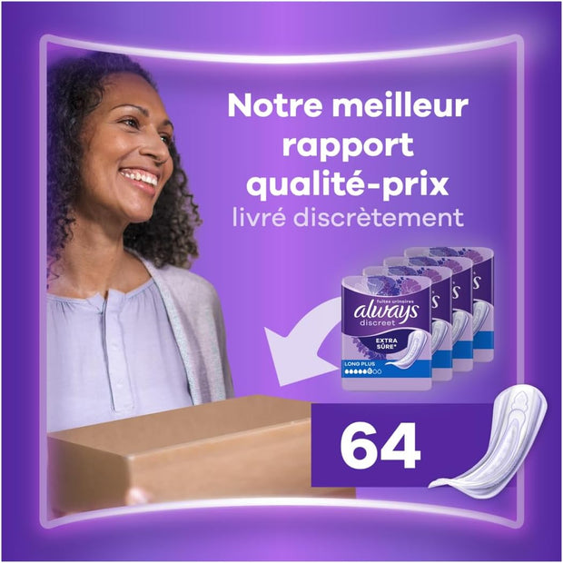 Always Discreet, 64 Serviettes Hygiéniques Incontinence Femme, Long plus 5 Gouttes, Protection Absorbante pour Fuites Urinaires Importantes, Pack 1 Mois