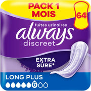 Always Discreet, 64 Serviettes Hygiéniques Incontinence Femme, Long plus 5 Gouttes, Protection Absorbante pour Fuites Urinaires Importantes, Pack 1 Mois
