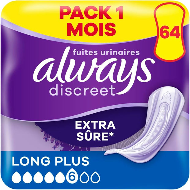 Always Discreet, 64 Serviettes Hygiéniques Incontinence Femme, Long plus 5 Gouttes, Protection Absorbante pour Fuites Urinaires Importantes, Pack 1 Mois