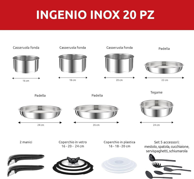 (mettere apposto Lagostina Ingenio Inox Set di Pentole e Padelle in Acciaio Inox, 20 Pezzi, Adatto ad Induzione, Batteria di Pentole con 3 Casseruole, 3 Padelle, Tegame,6 Coperchi, 5 Utensili Cucina,2 Manici Amovibili