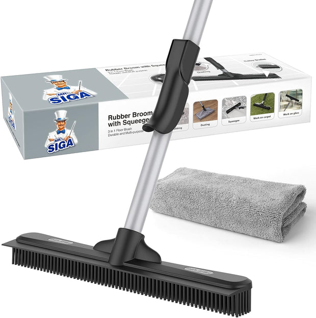 MR.SIGA Pet Hair Removal Rubber Broom avec raclette intégrée, Brosse de Sol 3 en 1 pour Tapis, poignée réglable de 61 Pouces, Comprend Un Chiffon en Microfibre pour Le dépoussiérage du Sol