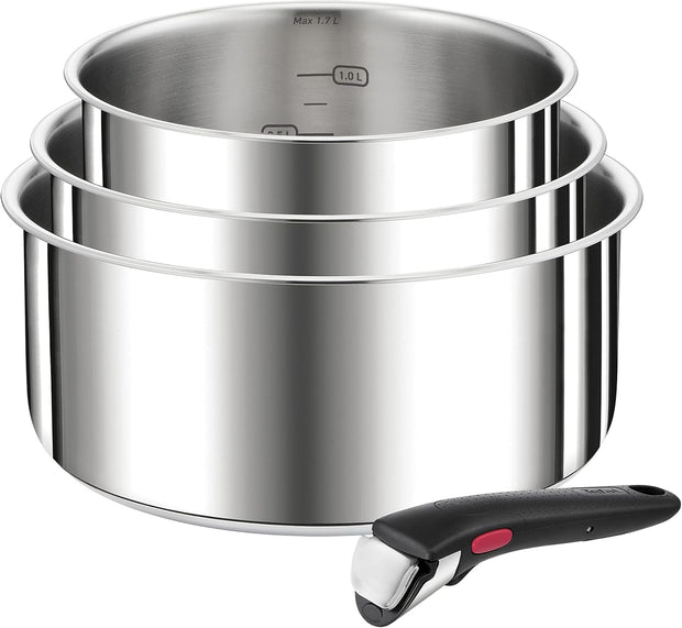 Tefal Ingenio Preference On L898S3 - Set di 3 casseruole, manico rimovibile, adatto al forno fino a 250 °C, senza manico, adatto per tutti i piani cottura, a induzione, in acciaio inox, 16/18/20 cm