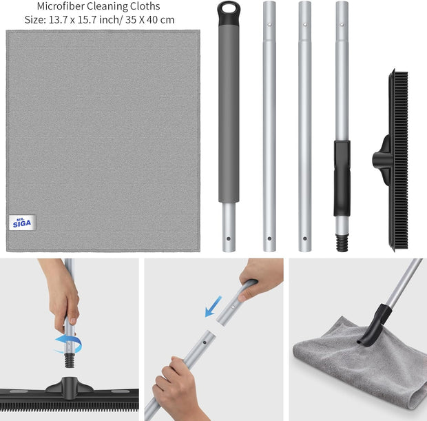 MR.SIGA Pet Hair Removal Rubber Broom avec raclette intégrée, Brosse de Sol 3 en 1 pour Tapis, poignée réglable de 61 Pouces, Comprend Un Chiffon en Microfibre pour Le dépoussiérage du Sol