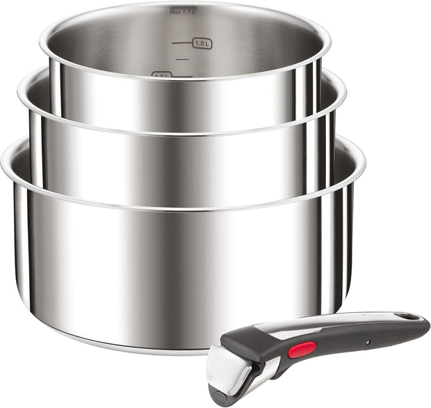 Tefal Ingenio Preference On L898S3 - Set di 3 casseruole, manico rimovibile, adatto al forno fino a 250 °C, senza manico, adatto per tutti i piani cottura, a induzione, in acciaio inox, 16/18/20 cm