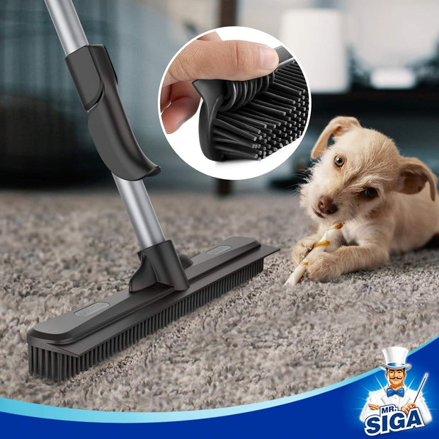 MR.SIGA Pet Hair Removal Rubber Broom avec raclette intégrée, Brosse de Sol 3 en 1 pour Tapis, poignée réglable de 61 Pouces, Comprend Un Chiffon en Microfibre pour Le dépoussiérage du Sol