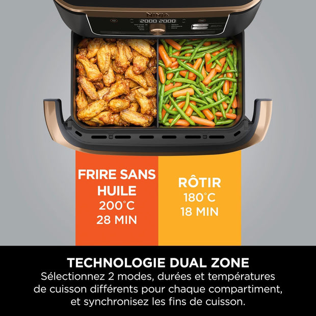 ( Da sisteamre )NINJA Foodi FlexDrawer Air Fryer, Dual Zone Avec Séparateur Amovible, Grand Tiroir de 10.4 L, 7-en-1, Double Zone, Pièces Antiadhésives Compatibles Au Lave-Vaisselle, Noir & Cuivre,