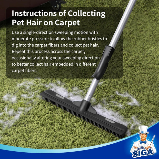 MR.SIGA Pet Hair Removal Rubber Broom avec raclette intégrée, Brosse de Sol 3 en 1 pour Tapis, poignée réglable de 61 Pouces, Comprend Un Chiffon en Microfibre pour Le dépoussiérage du Sol